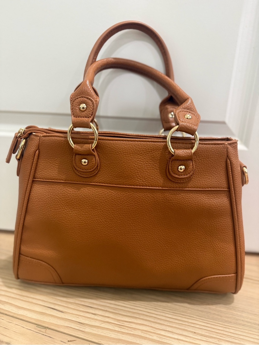The Danbury Mint Monogram Structured Satchel Brown Faux Leather Top Handle Cross - Picture 5 of 9